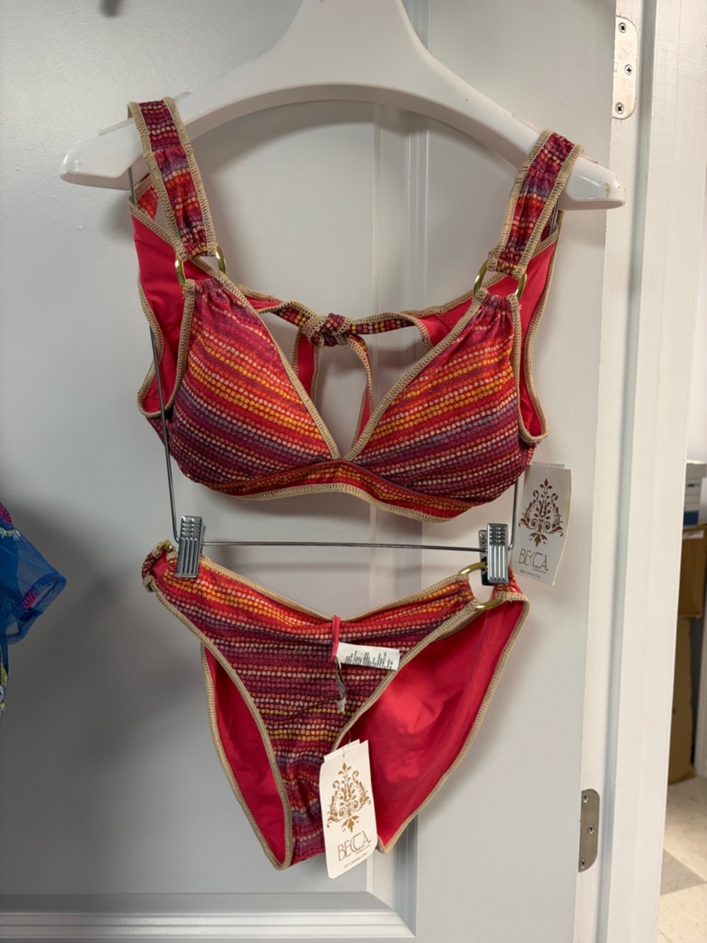 BECCA Hot Pink Multi-Stripe Bikini with Gold Trim